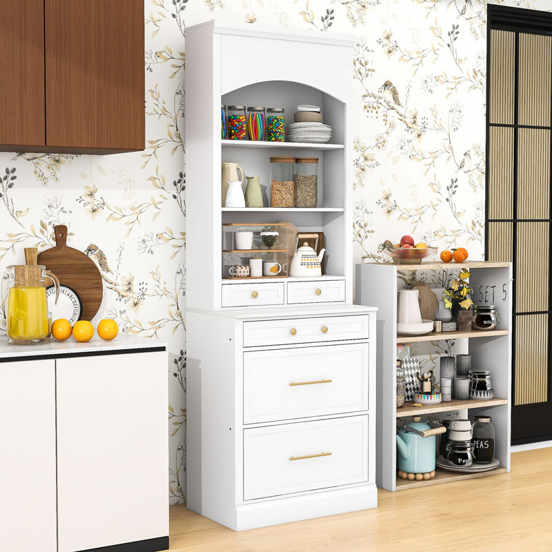Garde-manger haut avec plateau en faux marbre, tablettes réglables et tiroirs spacieux, Blanc, Doré
