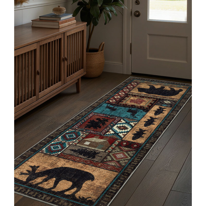 Tapis rustique lavable à la machine avec envers antidérapant Rustic Cabin Lodge, Tapis de couloir 2 pi x 6 pi