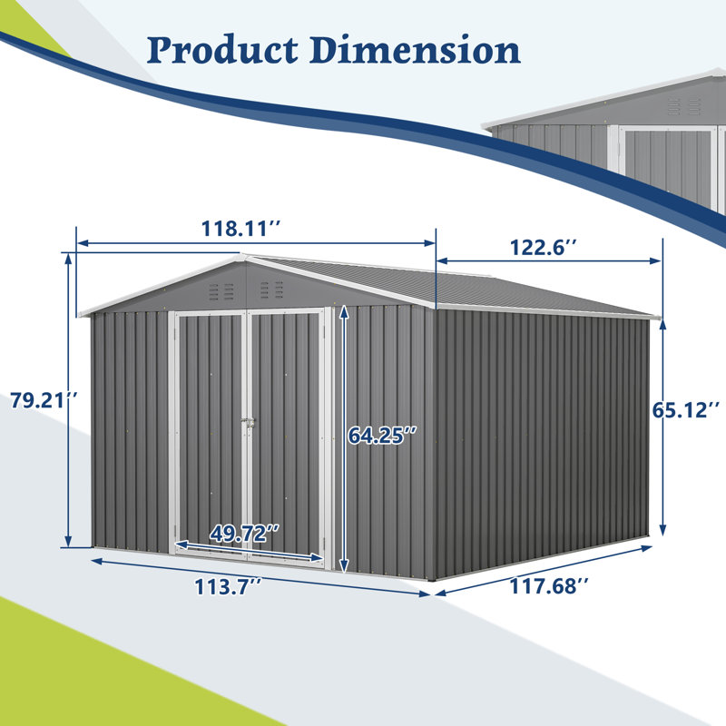 Remise de rangement extérieure en métal, H 79,21 po x l 113,78 po x P 117,68 po, Gris