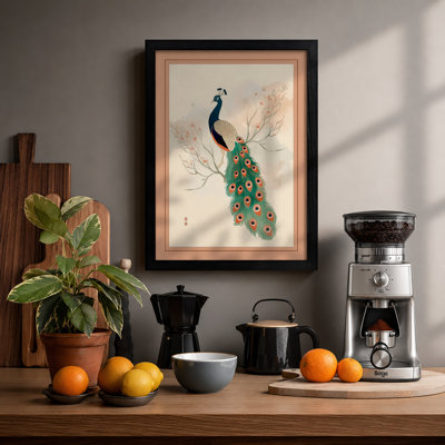 Peacock with Botanicals Japandi - Framed Print