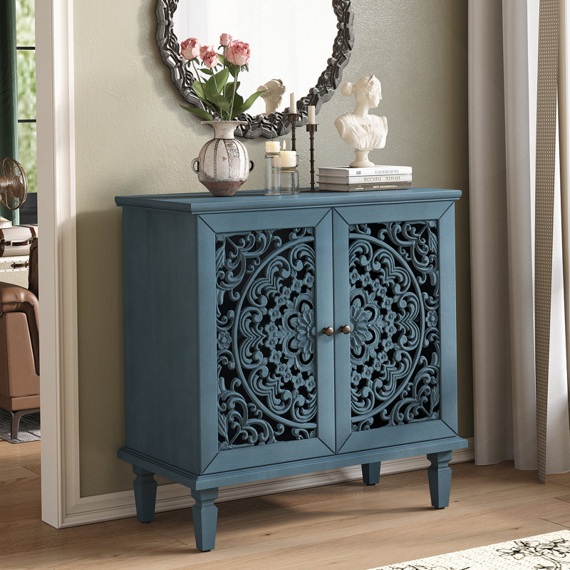 Armoire décorative, armoire de rangement à 2 portes, buffet avec tablette réglable et pieds en bois massif, Antique Blue