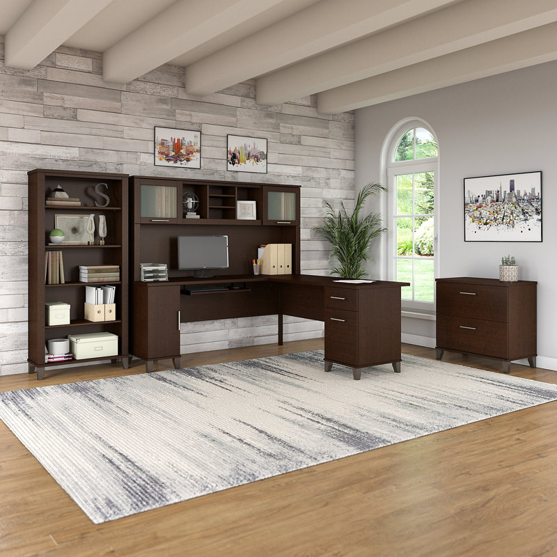 Ensemble de bureau d'ordinateur en L avec huche Magomed, Cerise mocha