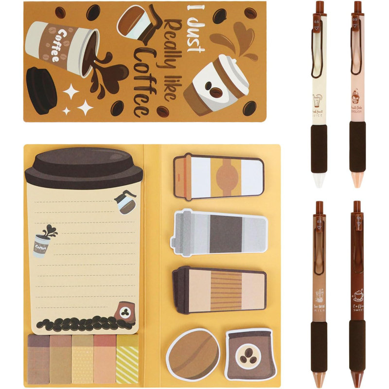 Coffee Sticky Notes Set With 4-Piece Gel Pens Bundle, Cute Writing Memo Pad Sticky Notes Pads To Do Notepad For School Office Home (Coffee)
