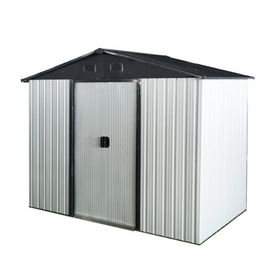 8X4 Ft Outdoor Metal Shed In White And Black. For Storage. Stores Lawn Mower Bicycle. Tilted Roof & Lockable Door. Ventilated Design. Includes Foundation, Anchors, Hooks, Shelf, Lock Gloves Storage