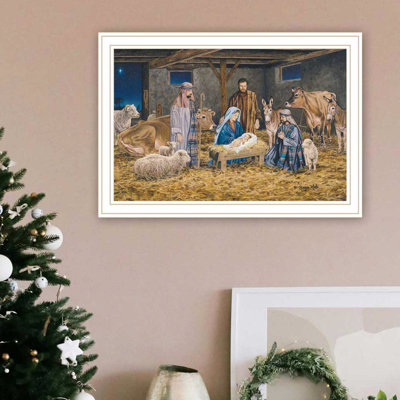 Your Decor With Nativity Art: White Framed Print, Adds A Touch Of Class Elevate Home Living Room Decor: Birth Handmade In