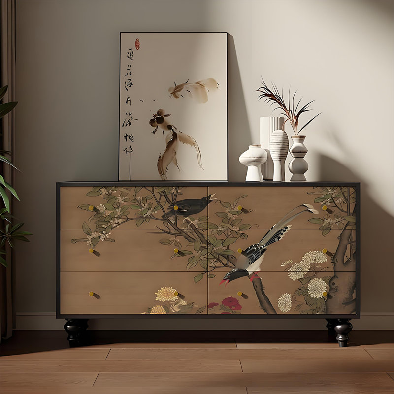 Commode 6 tiroirs style français-chinois en noyer, Noir