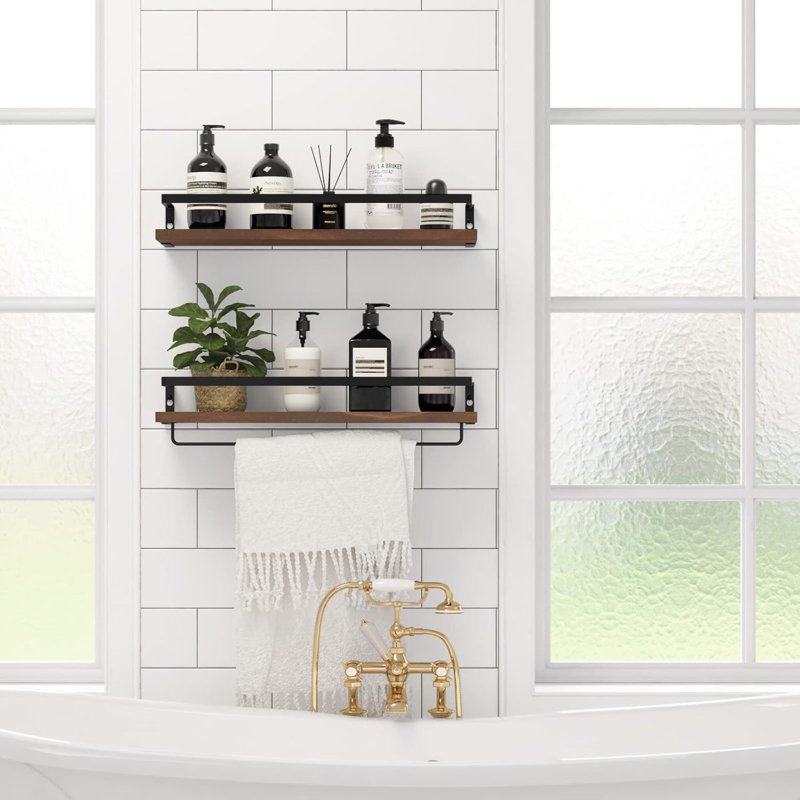 Floating Shelves With Towel Bar, Wall Mounted Storage Shelves For Bathroom, Kitchen, Bedroom, Living Room, Office, Set Of 2