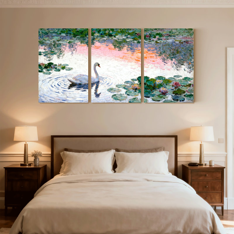 Oiseaux, cygne, nénuphar, étang, réflexion, art sur toile, ensemble de 3 impressions sur toile, H 30 po x l 60 po