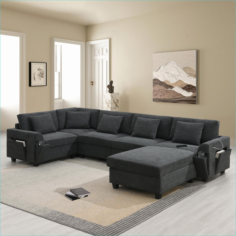 Canapés modulaires | Canapé 6 places en U avec repose-pieds, rangement caché, ports USB, pour le salon | Chenille | Noir