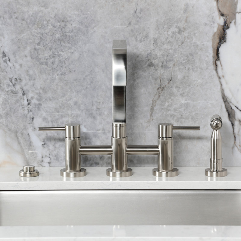 Kingston Brass Concord Two-Handle 4-Hole Deck Mount Bridge Kitchen Faucet with Brass Side Sprayer, Brushed Nickel