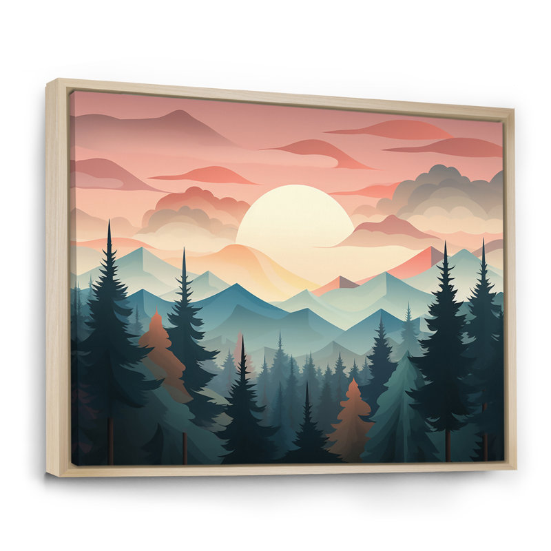 Montagnes rêvassant au coucher du soleil sur les arbres de la forêt I, H 30 po x l 40 po, Cadre naturel flottant