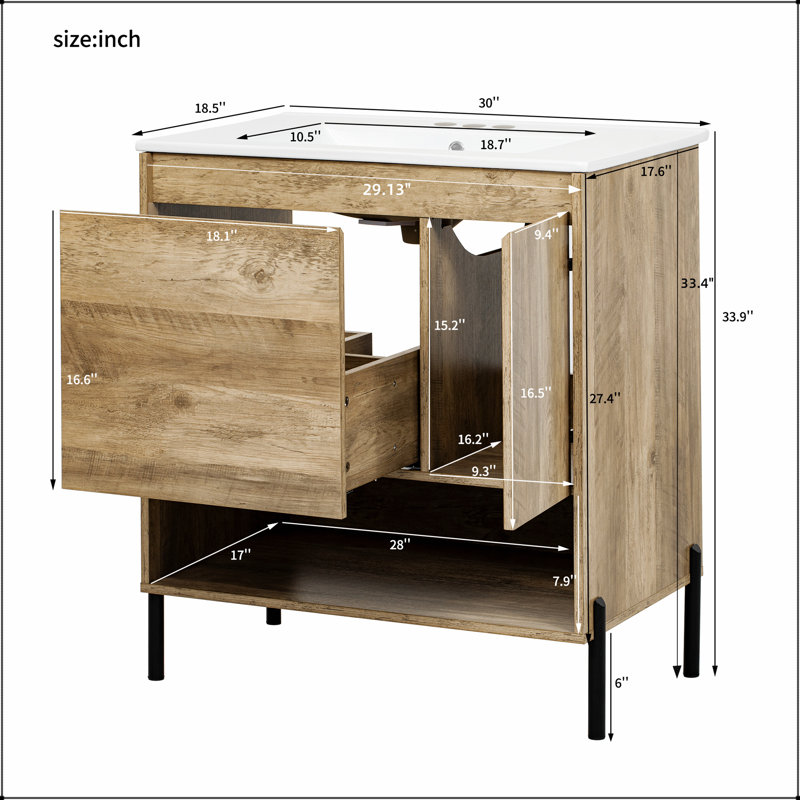 Meuble-lavabo moderne en bois de 30 po avec tiroir coulissant, tablette ouverte et lavabo en céramique pour un rangement efficace et une conception élégante