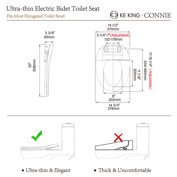 KE KING Connie Ultra-thin Electric Bidet Toilet Seat, Elongated Heated  Bidet Seat with Adjustable Warm Water and Air Dryer, Self-Cleaning Nozzle,  LED