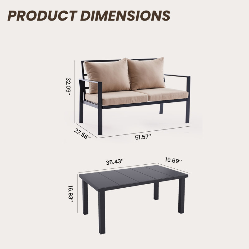 Canapé d'extérieur 2 places avec table basse 2 places, Beige