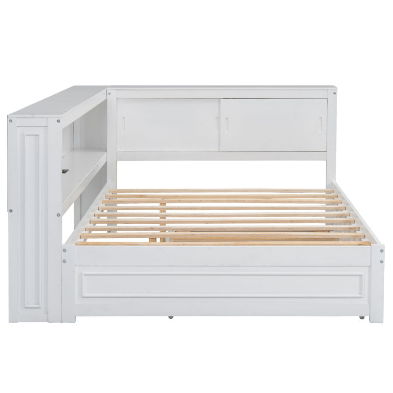 Lit de jour en bois pleine grandeur avec tablettes de rangement, USB, DEL et lit gigogne, Noyer