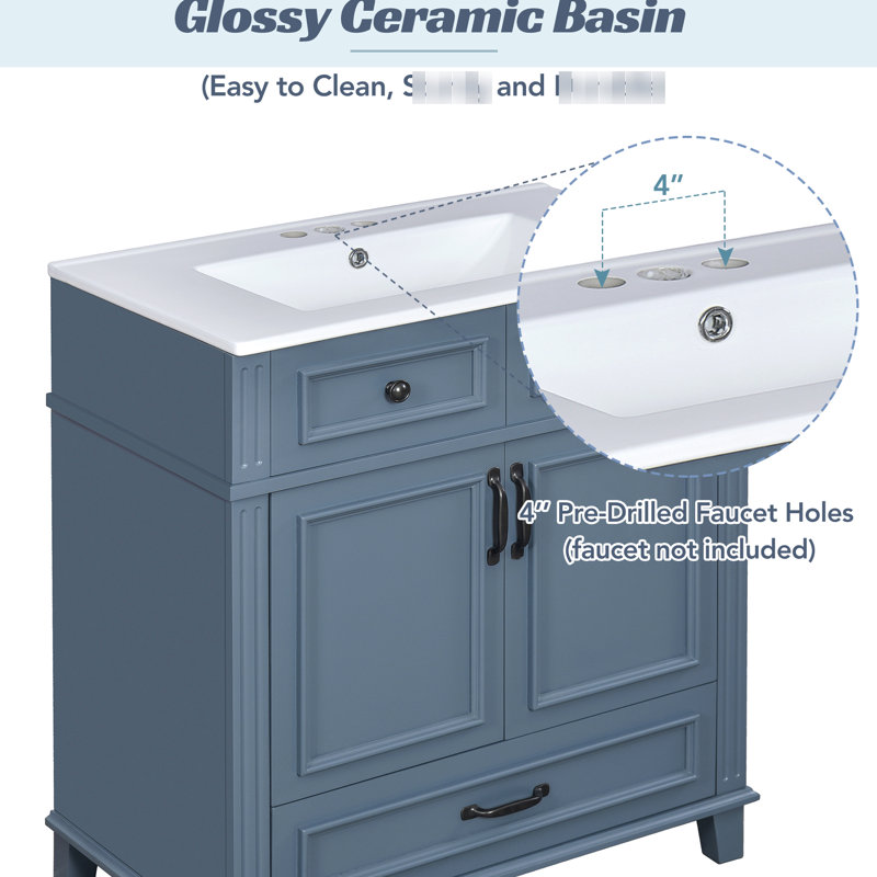 Meuble-lavabo rétro bleu 30 po avec structure en bois massif, lavabo en céramique, tiroir à fermeture en douceur, rangement spacieux, quincaillerie exquise, tiroir coulissant lisse, lavabo brillant, tiroirs, poignées en métal,