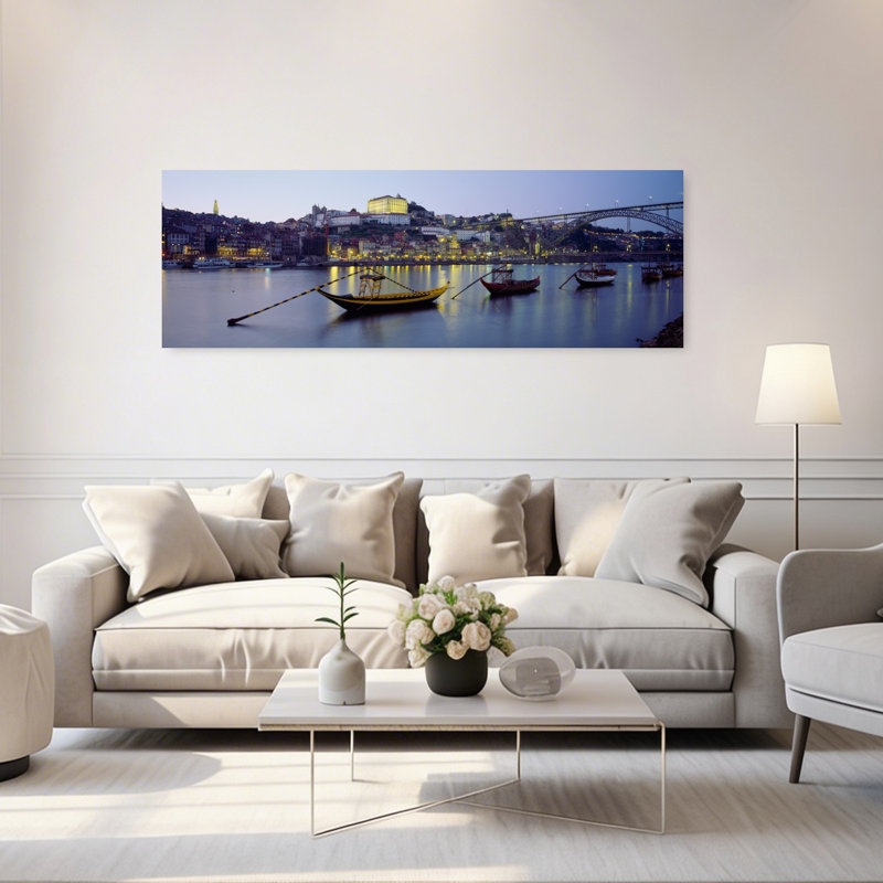 Bateaux dans une rivière, rivière Douro, Porto, Portugal, architecture contemporaine, art mural, H 20 po x l 60 po