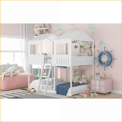 Full Over Full Pinewood Bunk Bed with Playhouse Roof &amp; Window White Space-Saving Bedroom