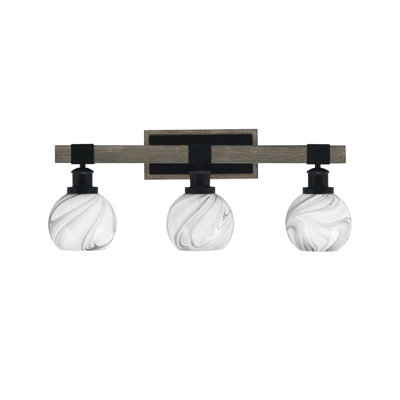Bitner 3 Light Bath Bar Shown In Matte Black & Painted Distressed Wood-Look Metal Finish With 5.75" Onyx Swirl Glass