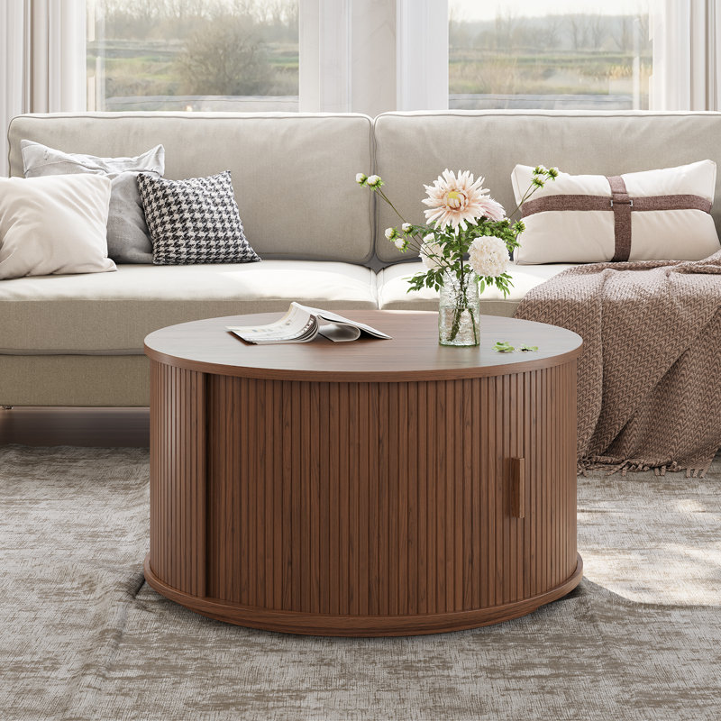 Table basse ronde 31,5 "avec porte coulissante incurvée à 360 ° 31,5", Noyer