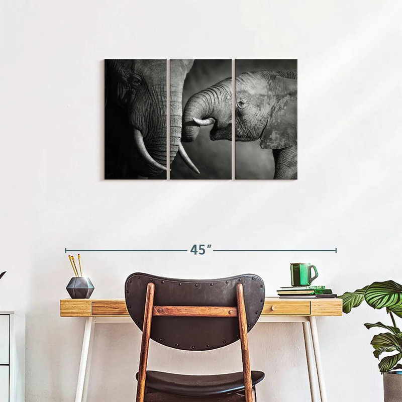 Éléphant 3 pièces d'affection sur toile, H 20 po x l 33 po x P 1,25 po