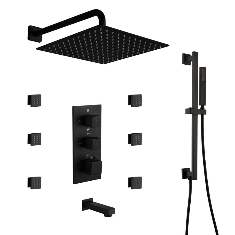 SlideLux 4-Function 12" Thermostatic Complete Rainfall Shower System with Tub Spout, Body Jets and Slide Bar, Matte Black