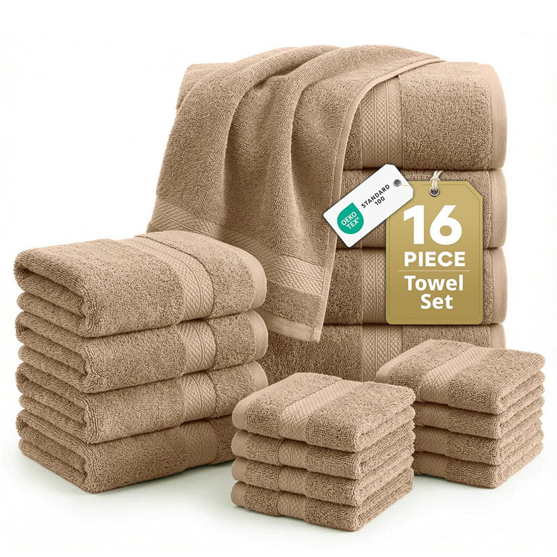 Ensemble de 16 serviettes 100% coton 16 pièces, serviettes de bain absorbantes à séchage rapide pour un usage domestique
