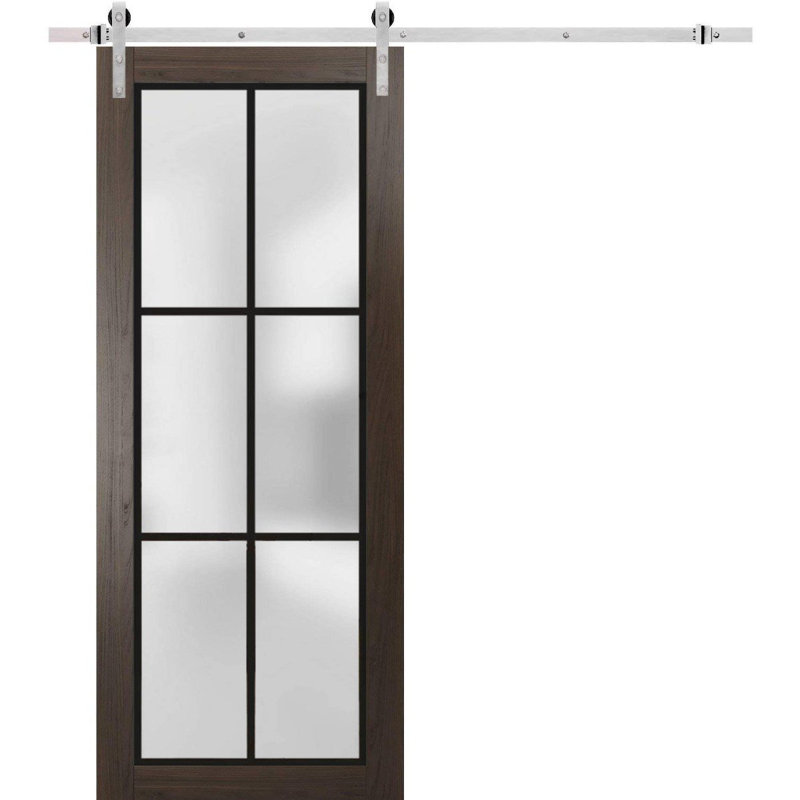 Porte de grange robuste en verre trempé givré | Planum 2122 | Ensemble de quincaillerie lourde pour cintres 6,6 pi argenté | Portes intérieures modernes à panneau massif - Rail argenté