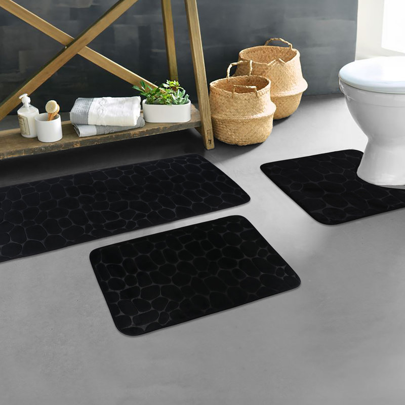 Memory Foam Bathroom Rugs Set 3 Piece Pebble Stone, Black