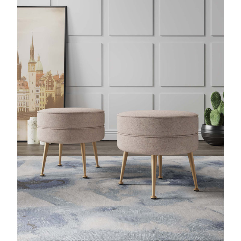 Luker Woven Polyester Blend Upholstered Ottoman in Oatmeal with Gold Feet (Set of 2), Beige, Gold