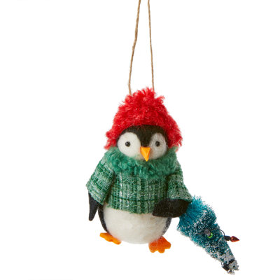 Penguin Tree Ornament White Wool Christmas