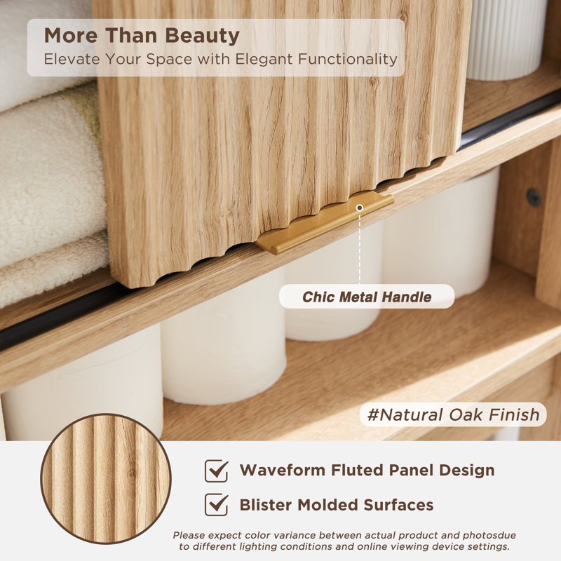 Riccio Freestanding Over The Toilet Storage Cabinet with Sliding Fluted Door Adjustable Shelf, Oak