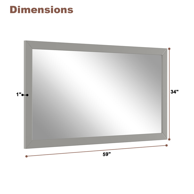 Miroir mural mural en bois massif, miroir droit de salle de bain de 5 mm,, 34 po x 60 po, Gris