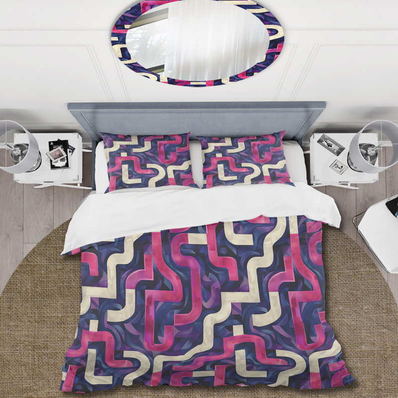 Ensemble de housse de couette rose et bleu Midcentury Maze - Midcentury, Housse de couette simple + 2 taies décoratives st