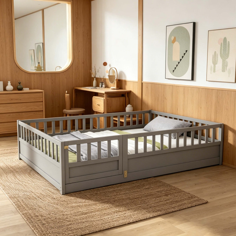 Lit double sur pied Montessori, Gris, Lit double