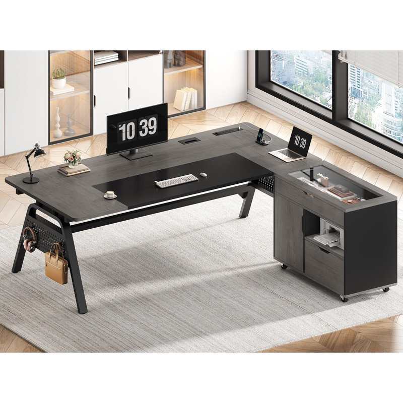 L Shaped Desk With 3 Drawers, Farmhouse L Shaped Executive Desk, Wood Computer Desk With Storage Cabinet, Home Office Desk With File Drawer, Wood Desk For Work Study Writing
