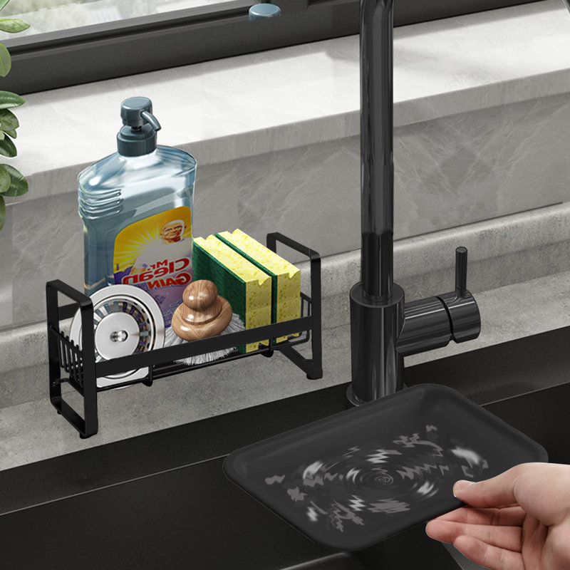 Organisateur d'évier en acier inoxydable - plateau d'égouttement amovible et imperméable, support d'éponge antidérapant pour la cuisine et la salle de bain (noir)