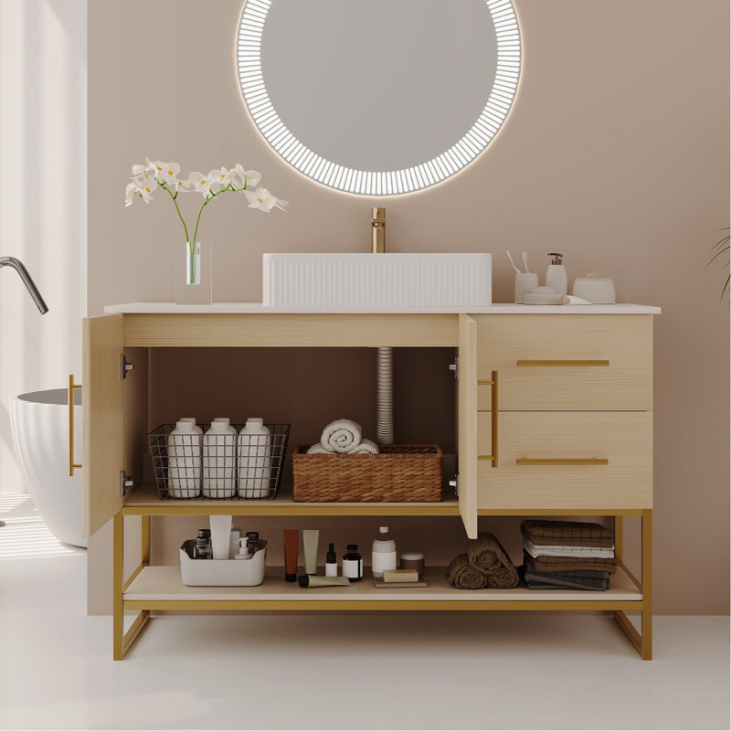 Meuble-lavabo moderne 47,2 po avec lavabo vasque en céramique, armoire autoportante dorée
