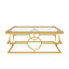 Table basse rectangulaire moderne et luxueuse en verre, table centrale glamour avec base en métal doré et motif géométrique circulaire pour salon-134705289-134705290