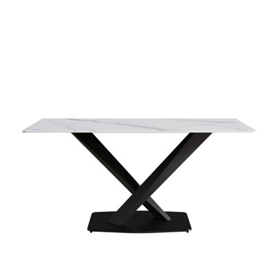 Table de salle à manger en pierre frittée blanche de 63 pouces avec métal noir solide pouvant accueillir 6 personnes. Table rectangulaire de 63 po, base et sièges