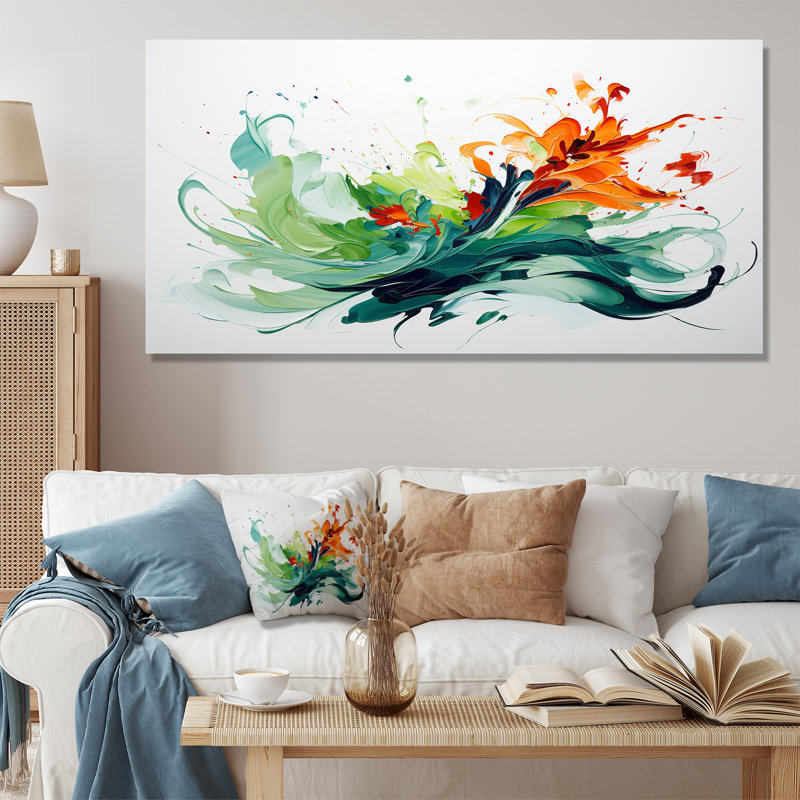 «Green and White Abstract Expression», peinture V - art mural abstrait, H 28 po x l 60 po x P 1,5 po, Toile tendue