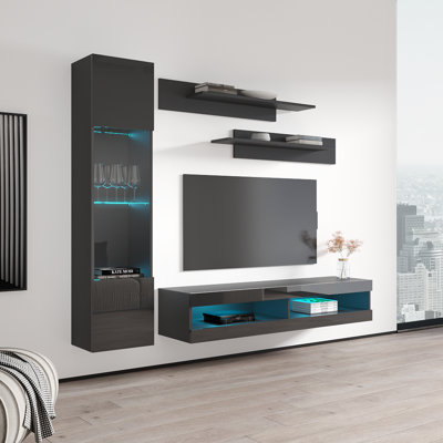 Liddell 85" Modern Floating Wall Mounted Entertainment Center with 16-Color LED Lighting, High Gloss Finish