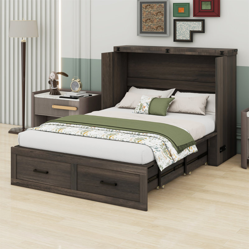 Full Murphy Bed With Storage Drawer & USB Charging Station, Rustic Grey, Full
