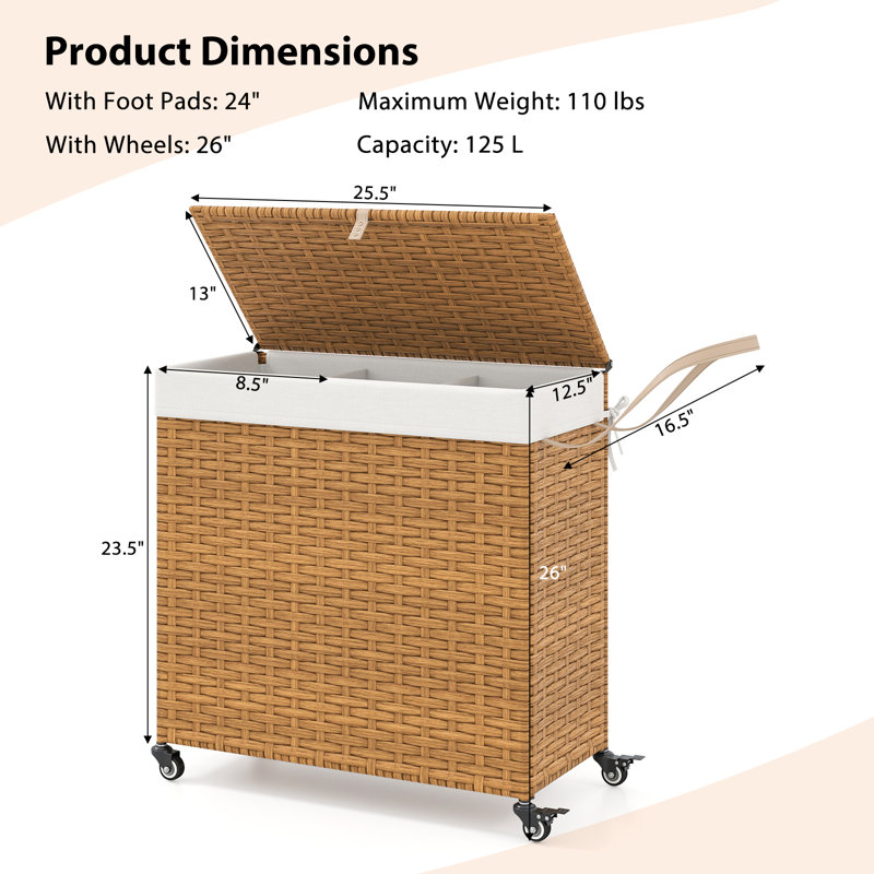  Panier à linge avec roulettes et couvercle 125l 3 sections avec 2 sacs , Marron clair