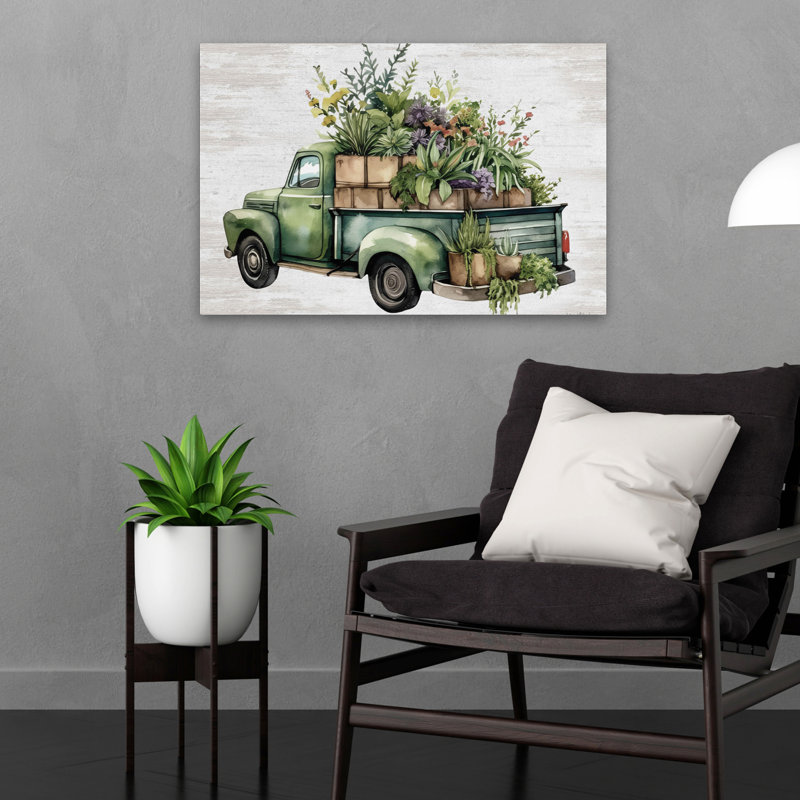 Camion de fleurs rétro IV - art campagnard vert moderne, H 16 po x l 24 po