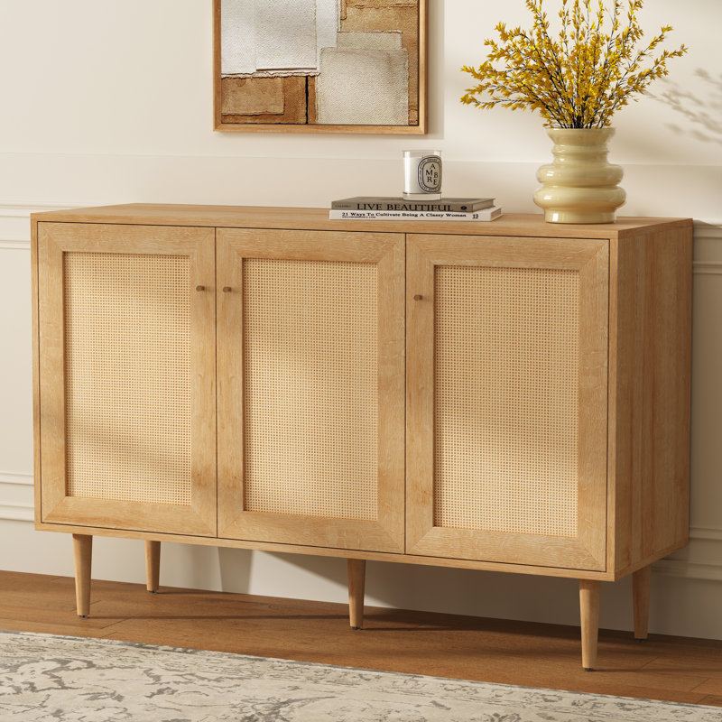 Rattan 3 Door Sideboard Accent Cabinet, Oak