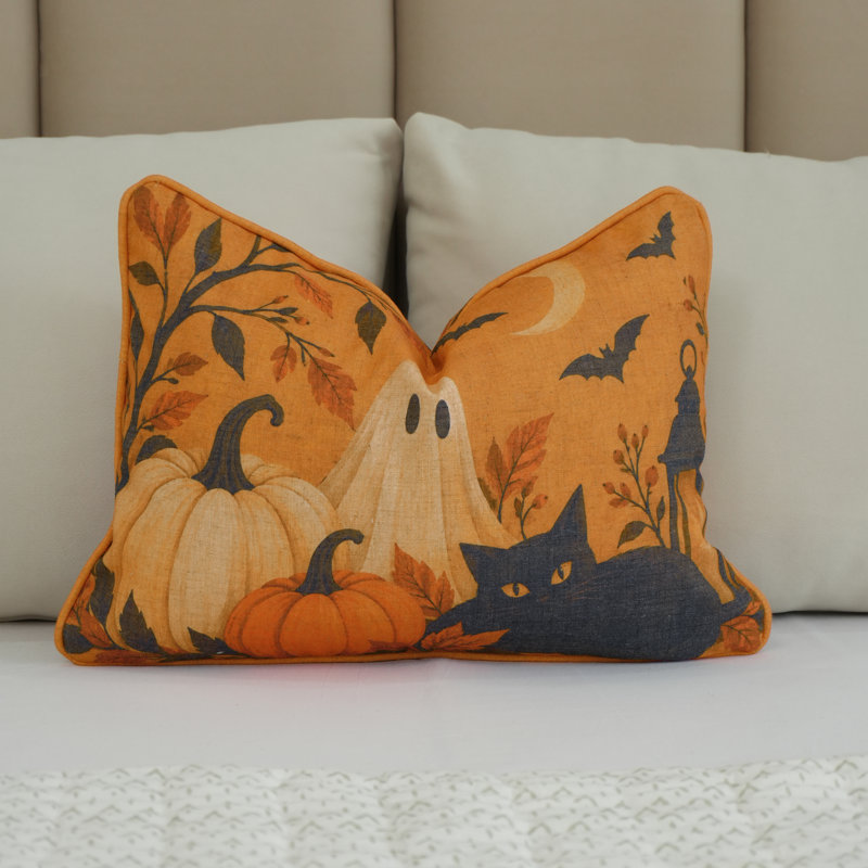 Housse de coussin décoratif Haunted Cat Halloween Linen, 14 po x 20 po