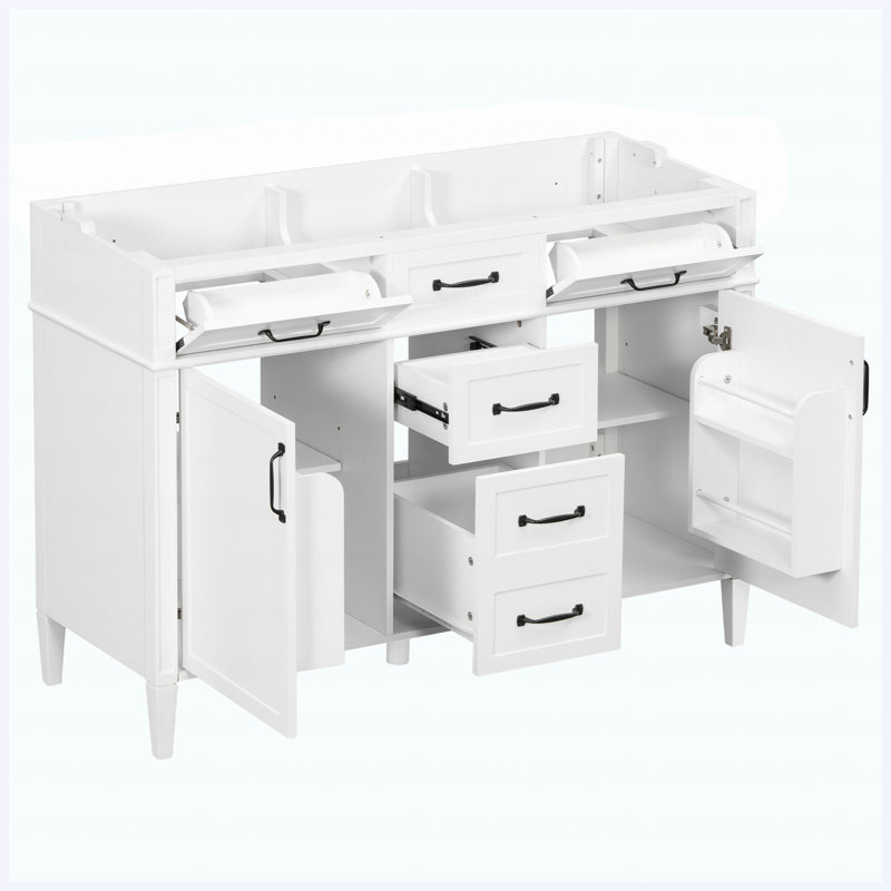 Base de meuble-lavabo autoportant 48 po 48 po, 4 tiroirs et 2 portes avec tablettes réglables, poignées en métal noir, blanc, panneau de fibres à densité moyenne