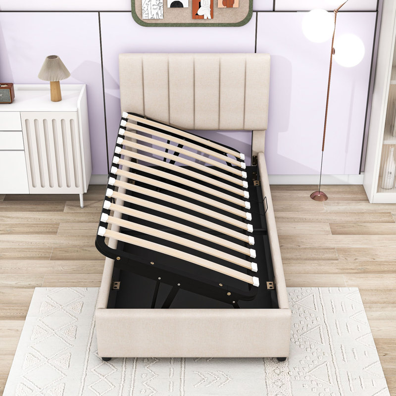 Twin Size Hydraulic Storage Bed with Adjust Headboard, Beige