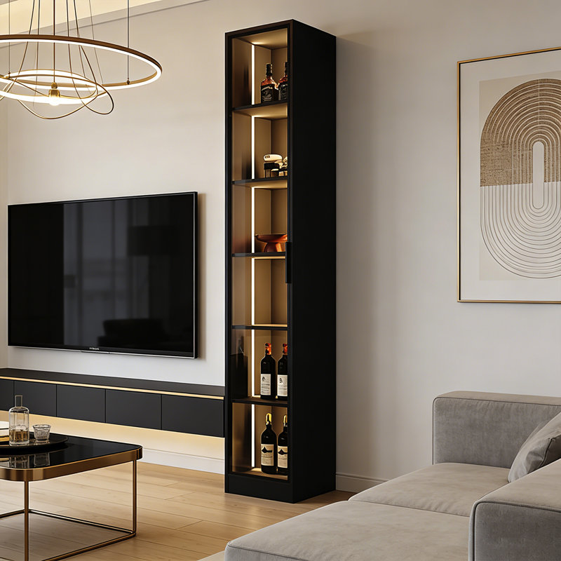 15.75" Modern Luxury Single-Door Glass Wine Cabinet/Display Cabinet With LED Lighting And Ultra-Clear High-Transparency Tempered Glass Door